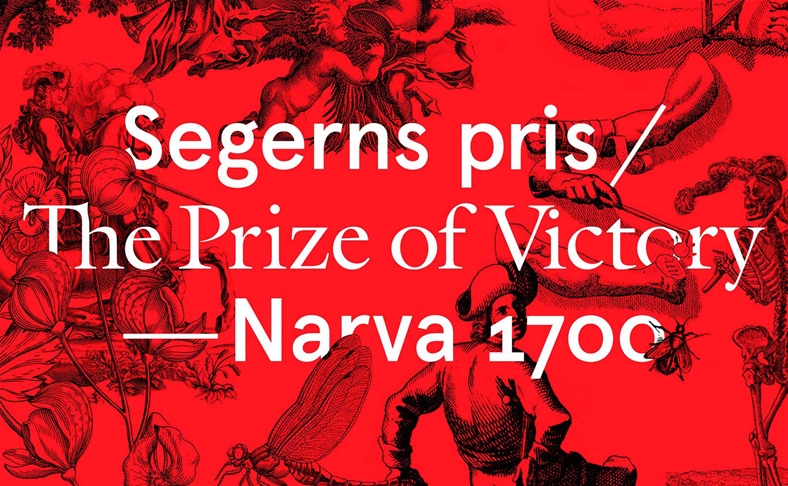 En röd bakgrund med svarta illustrationer. Rakt över i vit text står det "Segerns pris/The prize of victory - Narva 1700)