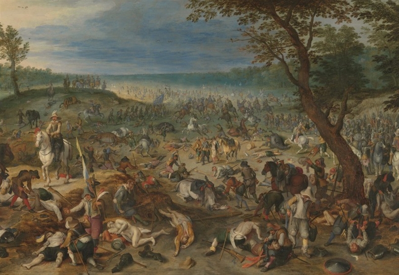 Målning av ett stort slagfält med många stupade soldater och hästar och några segrare som rider eller går omkring i förödelsen.