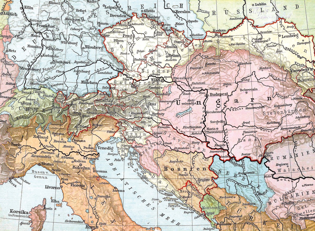 En karta över en del av Europa med Österrike i fokus.