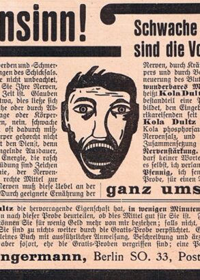 Ett urklipp ur en Österrikisk tidning med rubriken "Wahnsinn" (Galenskap) och en illustration av en person som gapar.