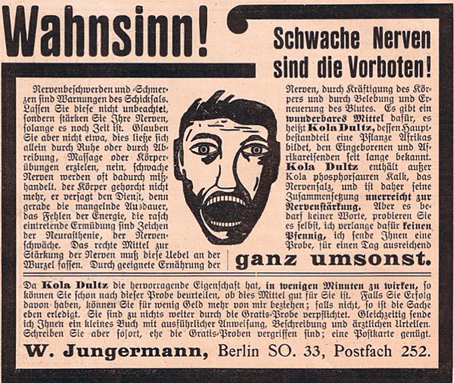 Ett urklipp ur en Österrikisk tidning med rubriken "Wahnsinn" (Galenskap) och en illustration av en person som gapar.