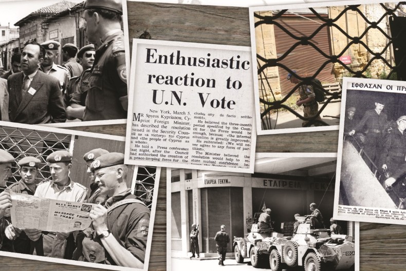 Ett kollage av flera i huvudsak svartvita bilder, några med FN-soldater på. I mitten av kollaget en tidningsnotis med rubriken "Enthusiastic reaction to U.N. vote"