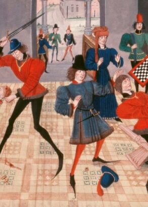 Åtta personer befinner sig i ett rum där det spelas schack. Spelet har urartat och några slåss medan de övriga försöker lugna. En har dragit sitt svärd som för att döda sin motspelare.