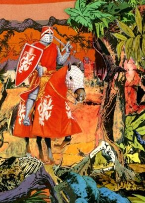 En riddare i rött med lika röd sköld och häst i ett färggrant landskap.