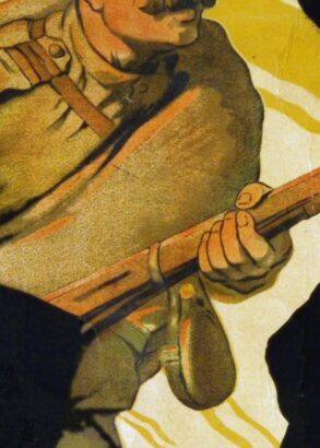 En illustration över en person i militärkläder, redo med sitt vapen.