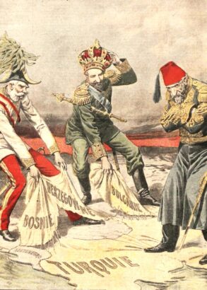 Skämtteckning av tre regenter, Furste Ferdinand, av Bulgarien, Österrikes kejsare Franz Joseph och Osmanska rikets sultan Abdul Hamid II. De två förstnämnda river i en karta över Europa som de alla står på.