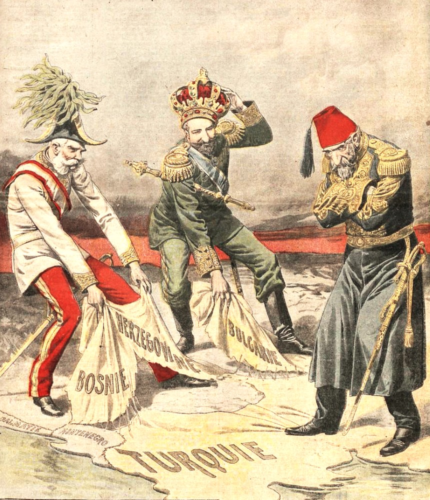 Skämtteckning av tre regenter, Furste Ferdinand, av Bulgarien, Österrikes kejsare Franz Joseph och Osmanska rikets sultan Abdul Hamid II. De två förstnämnda river i en karta över Europa som de alla står på.