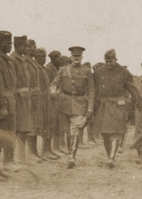 Uppställda soldater på led och i mitten går tre personer av högre rang fram.