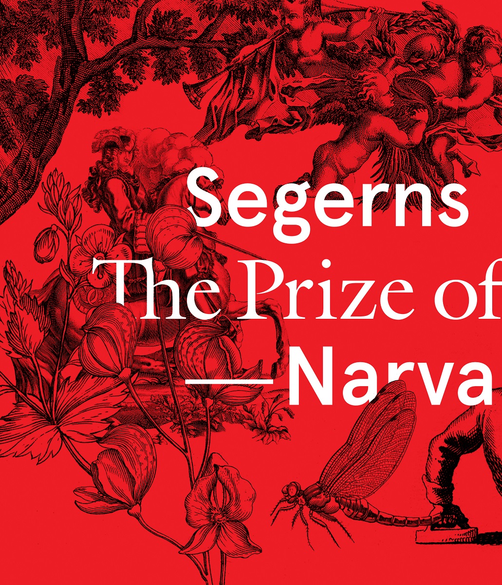 Svarta illustrationer mot röd botten av trädgren, trollslända, en ängel och en ryttare. Över det vit text "Segerns pris. The prize of Narva"